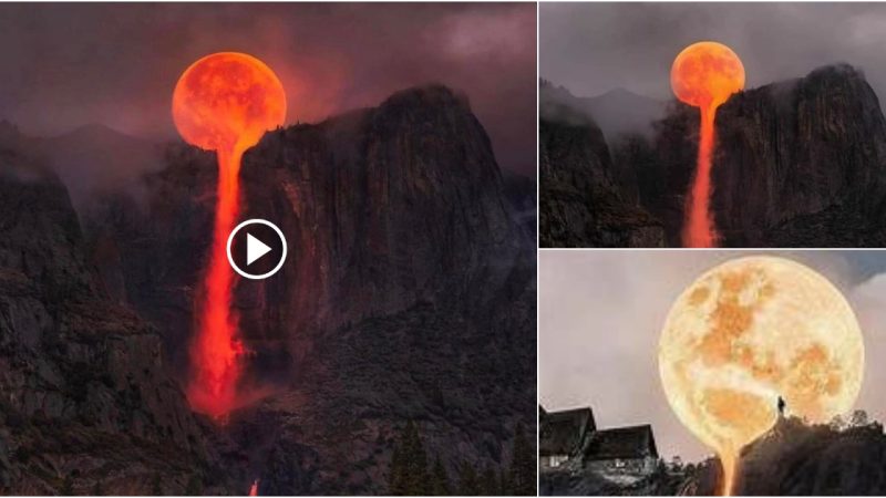 Red Moon over Yosemite Falls, California.