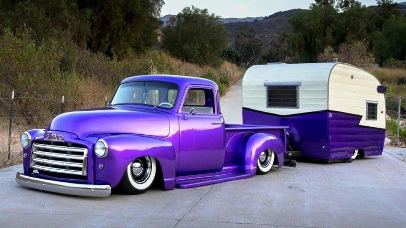 Vintage Vibes: Lowered Old School GMC Pickup Truck and Trailer Combo